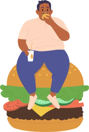 Homem gordo sentado em um hambúrguer enorme e comendo fast food pouco saudável  Ilustração
