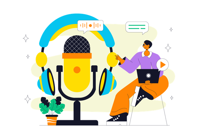Homem grava podcast de música no Podcast Studio  Ilustração