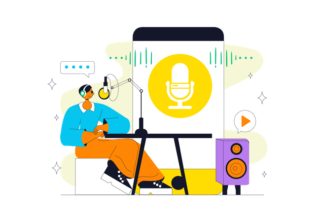 Homem grava sua voz no Podcast Studio  Ilustração