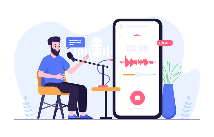Homem gravando áudio de podcast via celular  Ilustração