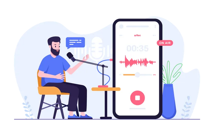 Homem gravando áudio de podcast via celular  Ilustração