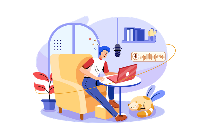Homem gravando podcast de áudio  Ilustração