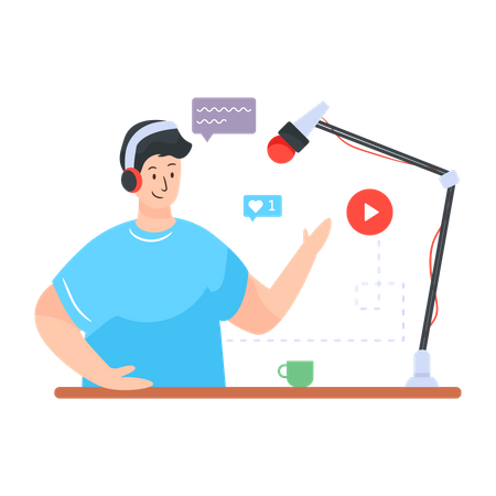 Homem gravando podcast  Ilustração