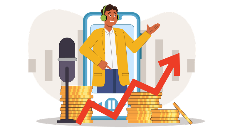 Homem gravando podcast sobre finanças empresariais  Ilustração