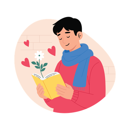 Homem guarda carta de flor em livro  Ilustração
