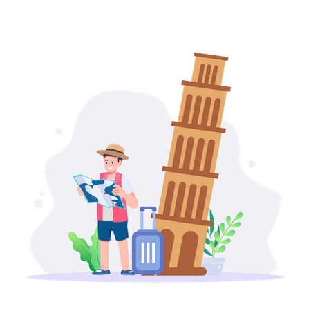 Homem hipster com mala visitando a Torre de Pisa  Ilustração