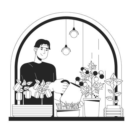 Homem jardinagem vegetal interior  Ilustração