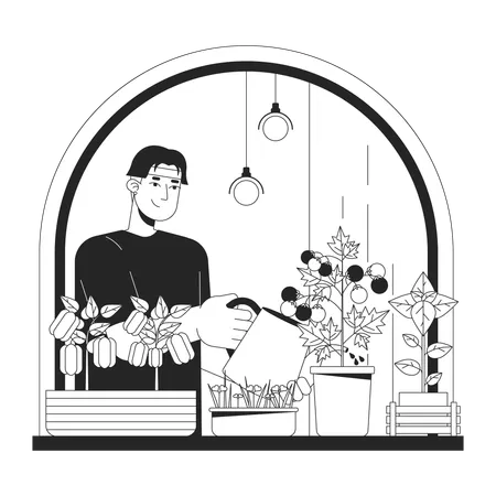 Homem jardinagem vegetal interior  Ilustração