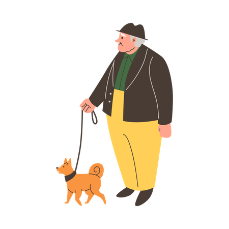 Homem idoso caminhando com cachorro na coleira  Ilustração