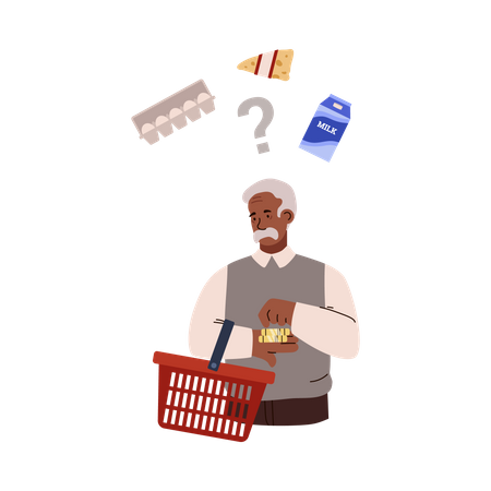 Homem idoso com cesto de compras vermelho contando moedas na mão  Ilustração