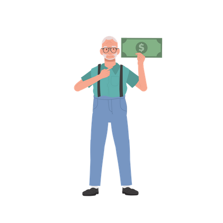 Homem idoso com nota de muito dinheiro mostrando prosperidade e confiança financeira  Ilustração