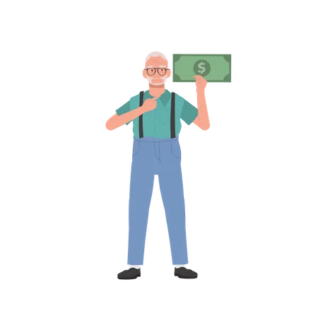 Homem idoso com nota de muito dinheiro mostrando prosperidade e confiança financeira  Ilustração