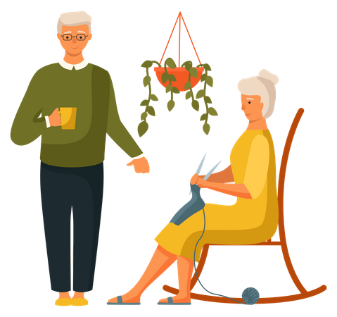 Homem idoso com xícara e mulher está tricotando um cachecol sentado na cadeira  Ilustração
