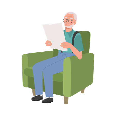 Homem idoso desfrutando de uma leitura tranquila de jornal no sofá aconchegante  Ilustração