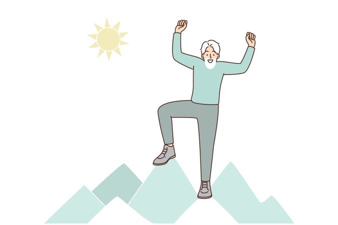 Homem idoso fica no topo da montanha  Ilustração