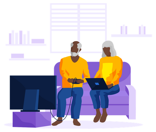 Homem idoso jogando videogame e mulher trabalhando no laptop  Ilustração