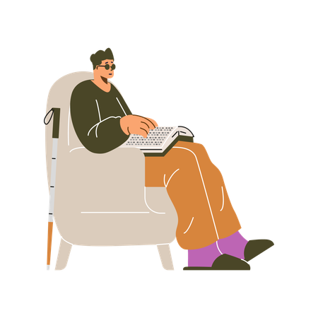 Homem idoso lendo livro em braille em poltrona  Illustration
