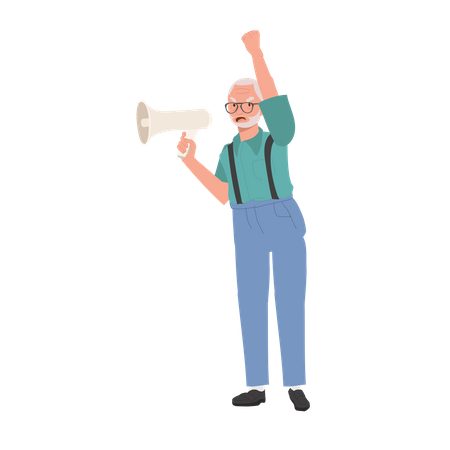 Homem idoso liderando protesto apaixonado com megafone  Ilustração