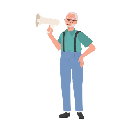 Homem idoso liderando protesto apaixonado com vocal de megafone  Ilustração