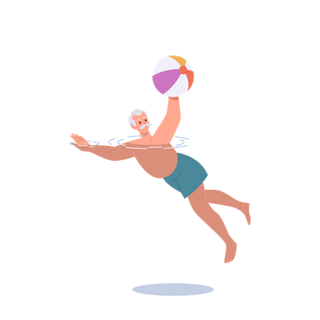 Homem idoso nadando em piscina com bola inflável fazendo exercício Aquafit  Ilustração