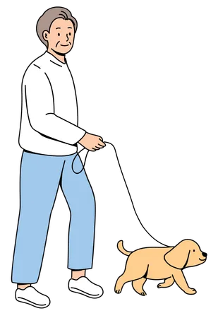 Homem idoso passeando com cachorro  Ilustração