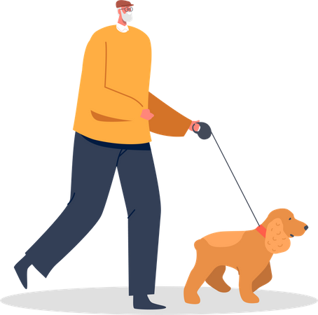 Homem idoso passeando com cachorro  Ilustração