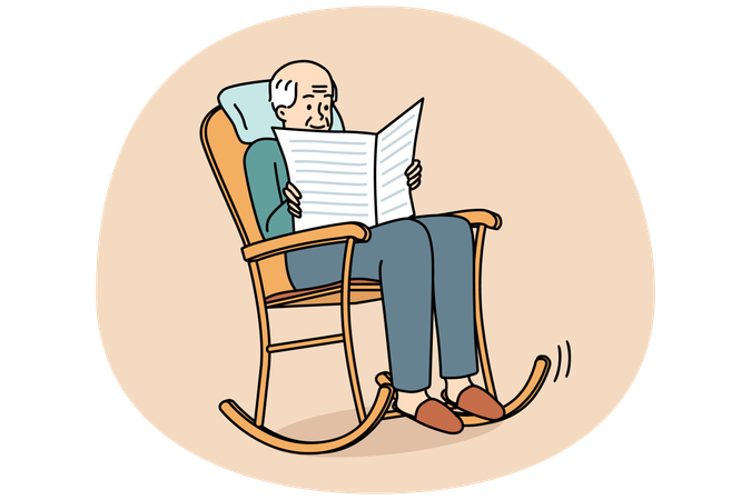 Homem idoso sentado em cadeira de balanço lendo jornal  Ilustração