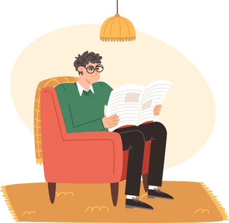Homem idoso sentado em uma cadeira confortável e lendo um jornal  Ilustração