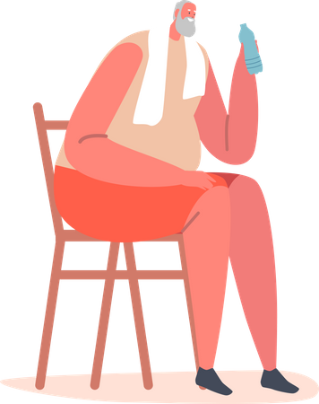 Idoso sentado na cadeira com toalha nos ombros bebe água após exercício  Ilustração