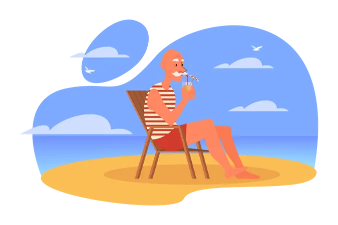 Idoso tomando bebidas enquanto está sentado na praia  Ilustração