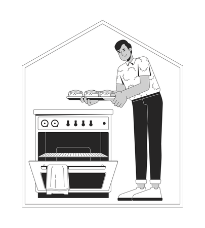 Homem indiano assando rolinhos de canela na cozinha aconchegante de casa  Ilustração