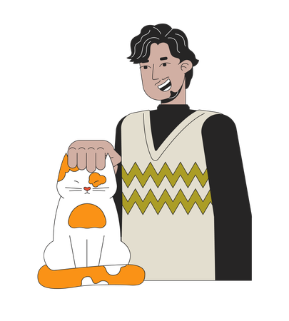 Homem indiano barbudo acariciando gato  Ilustração