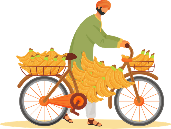 Homem indiano carregando bananas em bicicleta  Ilustração