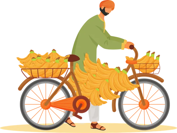 Homem indiano carregando bananas em bicicleta  Ilustração