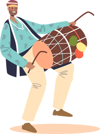 Homem indiano com roupas nacionais tocando bateria dhal  Ilustração