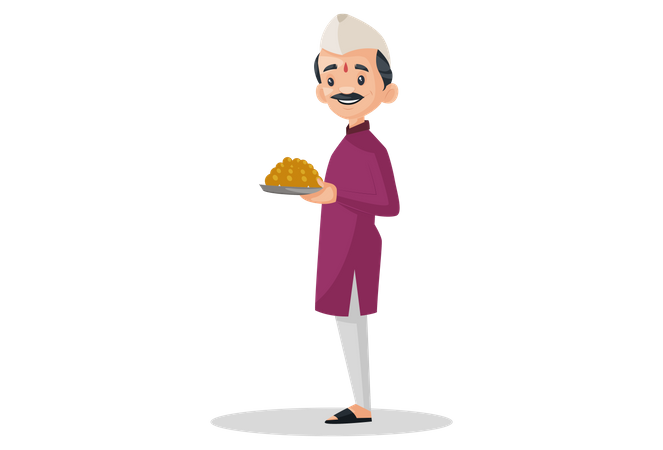 Homem indiano Marathi segurando o prato de doces nas mãos  Ilustração