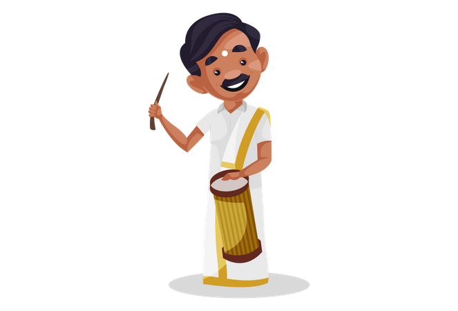 Homem tamil indiano tocando tambor com pau  Ilustração