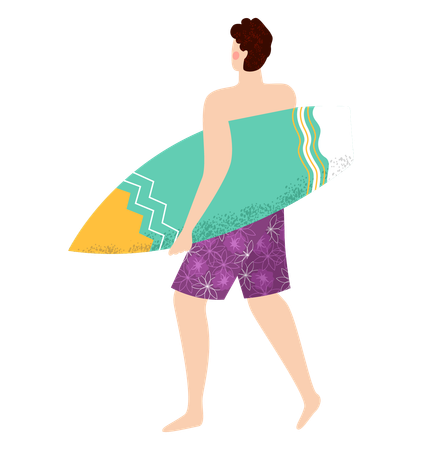 Homem indo surfar com prancha de surf  Ilustração