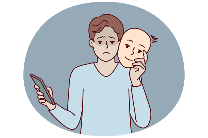 Homem infeliz com telefone usa máscara para fingir ser humano positivo durante namoro online  Ilustração