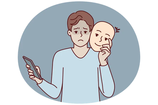 Homem infeliz com telefone usa máscara para fingir ser humano positivo durante namoro online  Ilustração