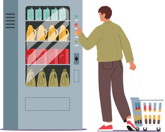 Homem insere moedas em máquina de venda automática em lavanderia pública  Ilustração