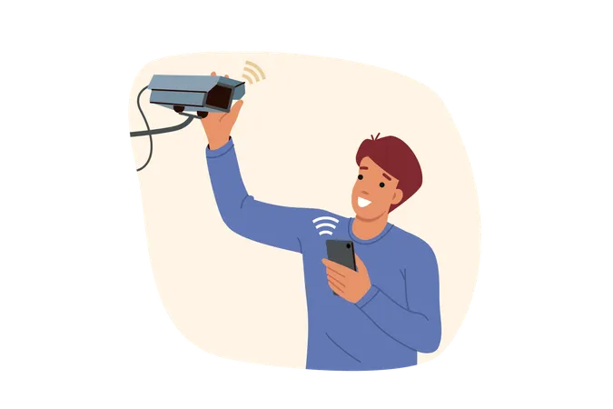 Homem instala câmera de segurança em parede e usa celular com wi-fi para monitorar equipamentos de CFTV  Ilustração