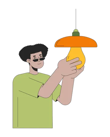 Homem instalando lâmpada com eficiência energética  Ilustração