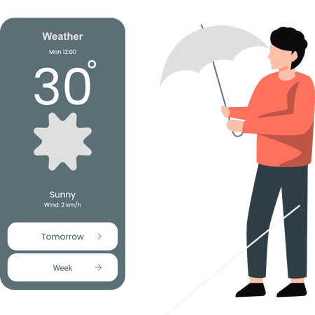 Homem instruindo o uso de guarda-chuva para evitar tempo ensolarado  Ilustração