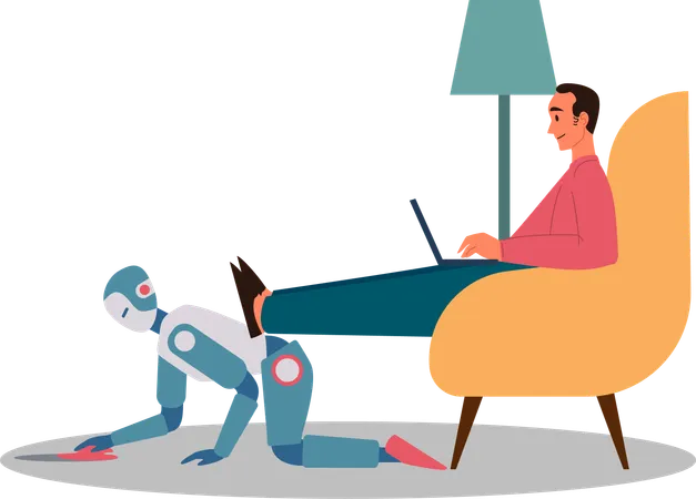 Homem instruindo robô doméstico a fazer tarefas domésticas  Ilustração
