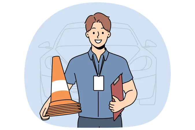 Instrutor de autoescola sorri e segura cones de trânsito convidando para fazer o exame de habilitação  Ilustração