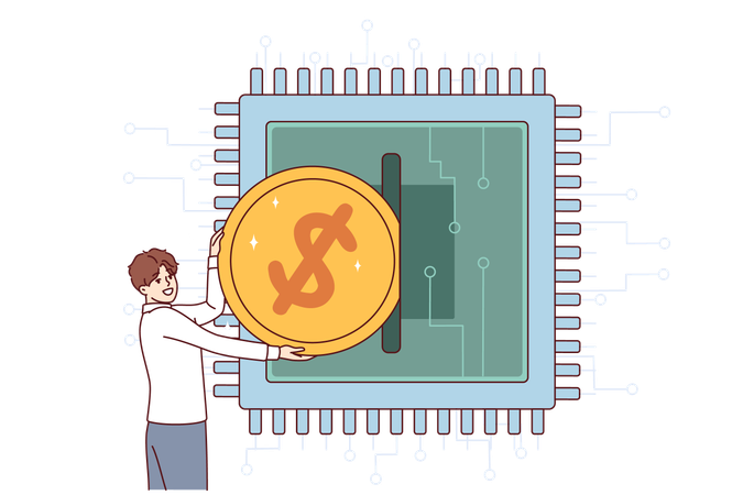 Homem investe no desenvolvimento de microchips e semicondutores inserindo moeda em microprocessador  Ilustração