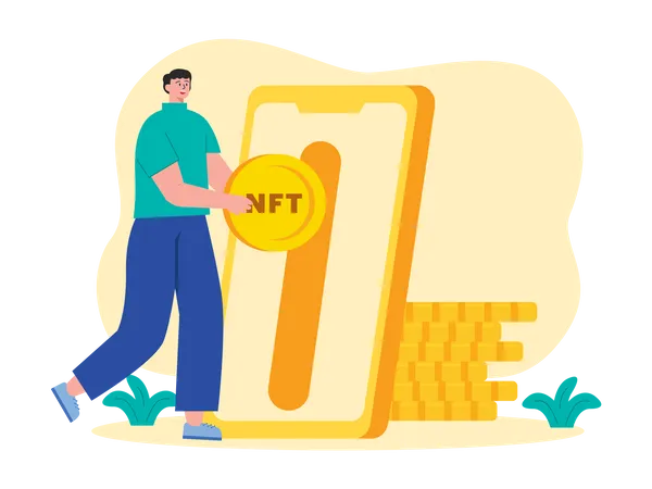 Homem investindo moedas em NFT  Ilustração