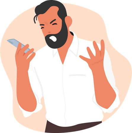 Homem irritado gritando no celular.  Ilustração