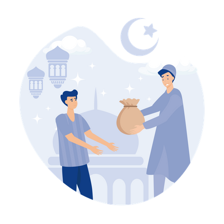 Homem islâmico dando sadaqa para mendigo  Ilustração